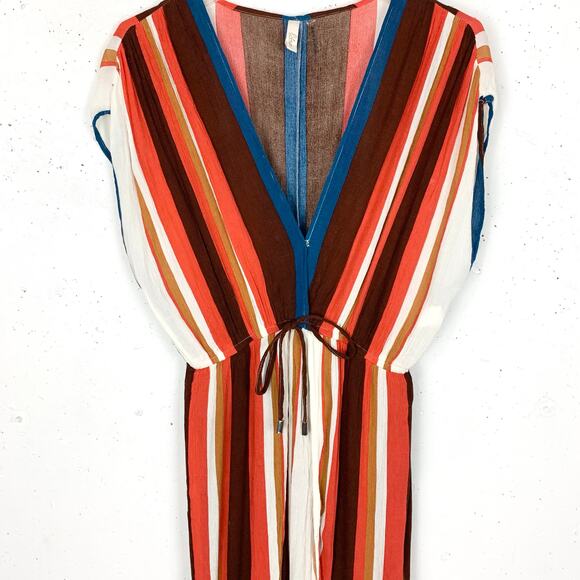 Elan Striped Maxi Cover Up Dress Plunging Bodice Slit Skirt Stripe Size Small - Picture 6 of 12